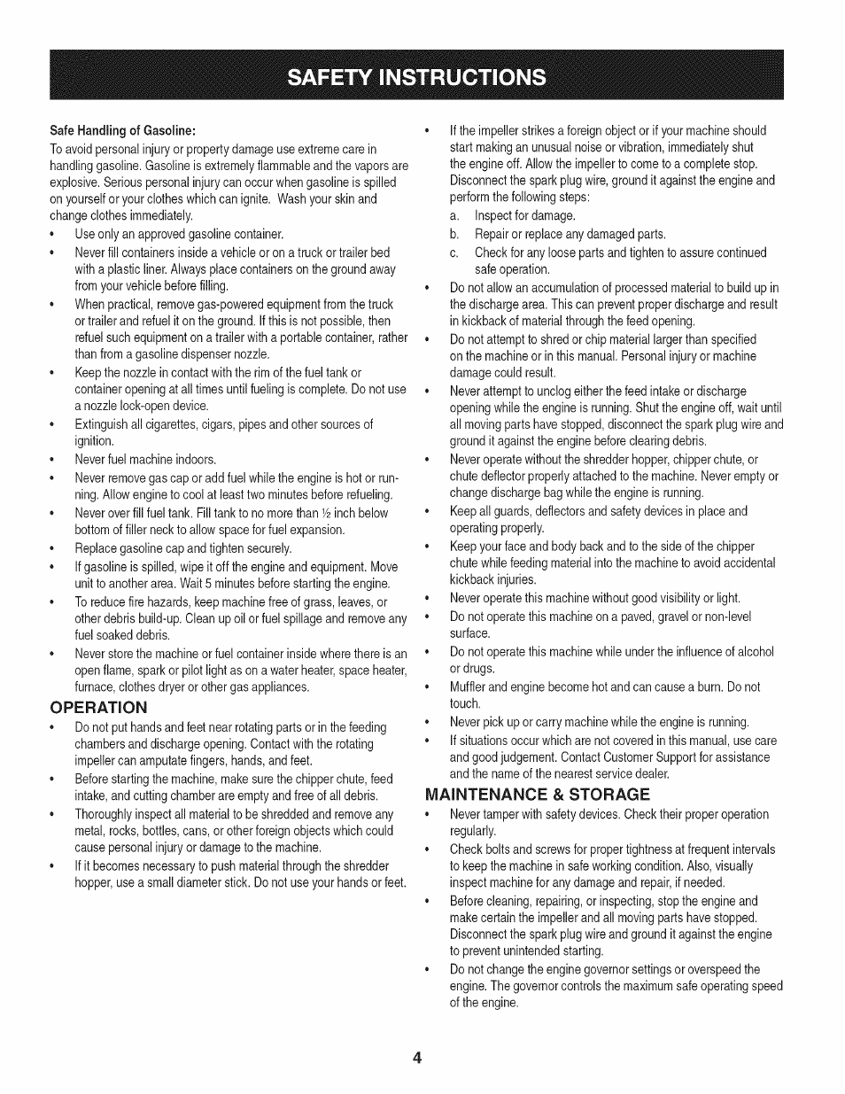 Operation, Maintenance & storage, Safety instruction | Craftsman 1450 Series Engine User Manual | Page 4 / 56