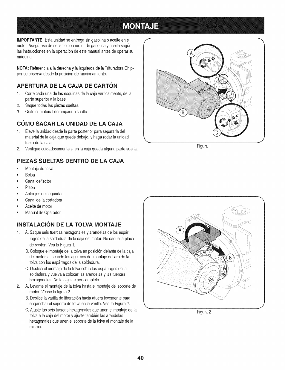 Apertura de la caja de cartón, Cómo sacar la unidad de la caja, Piezas sueltas dentro de la caja | Instalación de la tolva montaje, Montaj | Craftsman 1450 Series Engine User Manual | Page 40 / 56