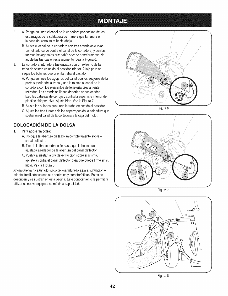 Colocación de la bolsa, Montaj | Craftsman 1450 Series Engine User Manual | Page 42 / 56