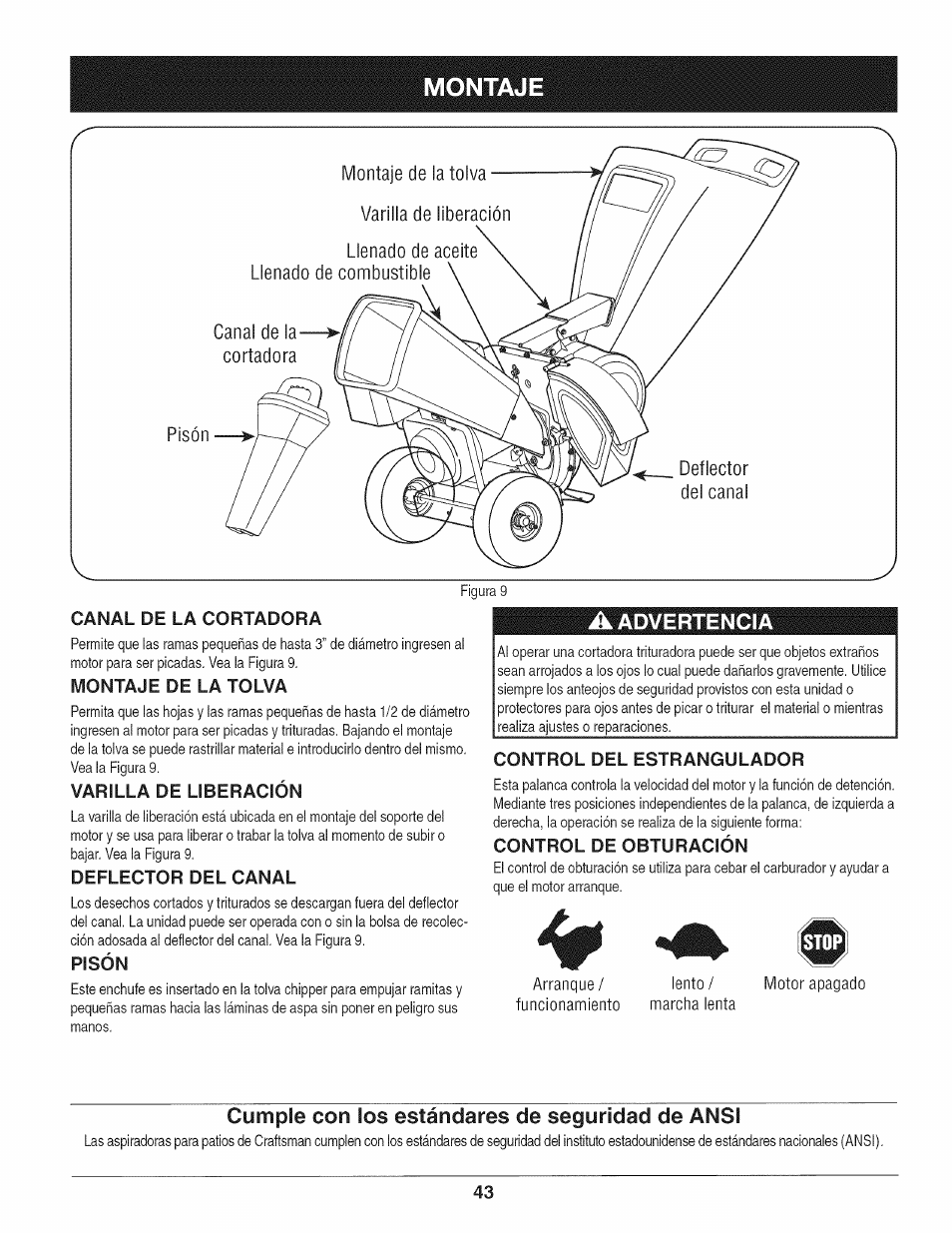 Montaje de la tolva, Varilla de liberación, Deflector del canal | Pisón, A advertencia, Control del estrangulador, Control de obturación, Cumple con los estándares de seguridad de ansi, Montaje | Craftsman 1450 Series Engine User Manual | Page 43 / 56