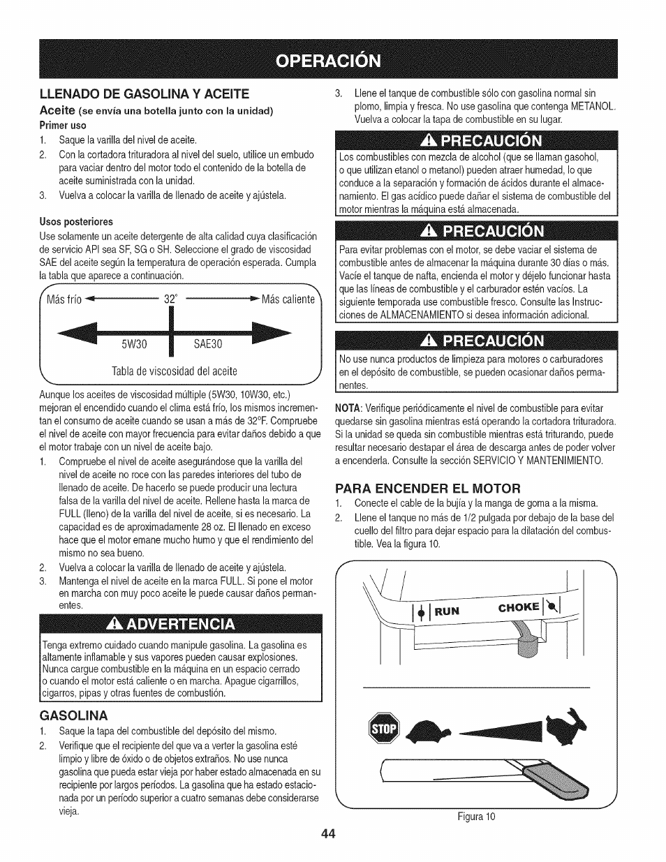 Operacion, A advertencia, Gasolina | A precaución, Para encender el motor, Advertencia, Precaución | Craftsman 1450 Series Engine User Manual | Page 44 / 56