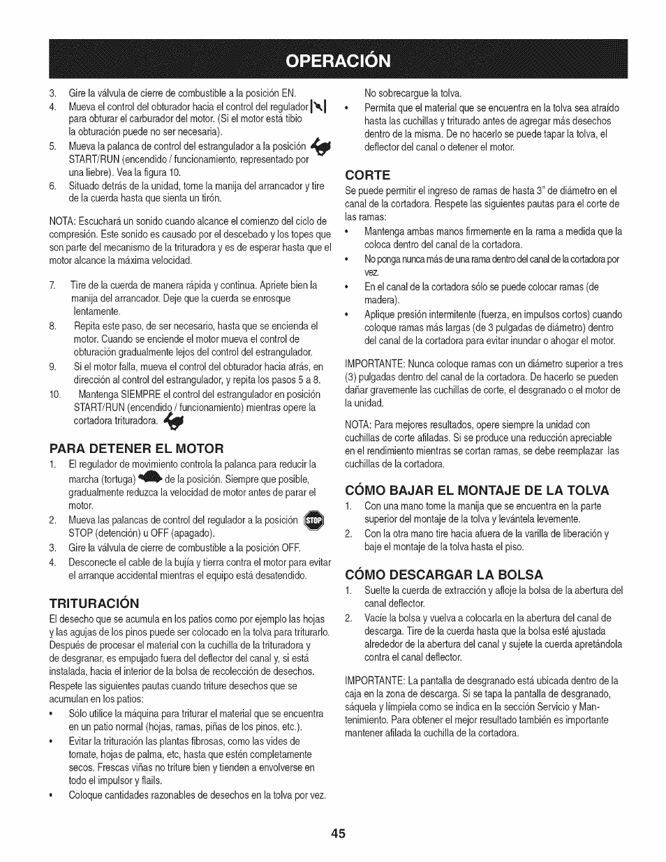 Operacion, Para detener el motor, Trituración | Corte, Cómo bajar el montaje de la tolva, Cómo descargar la bolsa | Craftsman 1450 Series Engine User Manual | Page 45 / 56