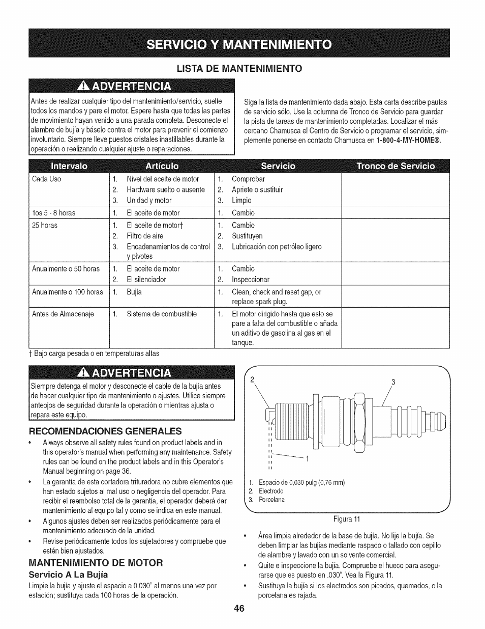 A advertencia, Recomendaciones generales, Mantenimiento de motor servicio a la bujía | Servicio y mantenimiento | Craftsman 1450 Series Engine User Manual | Page 46 / 56