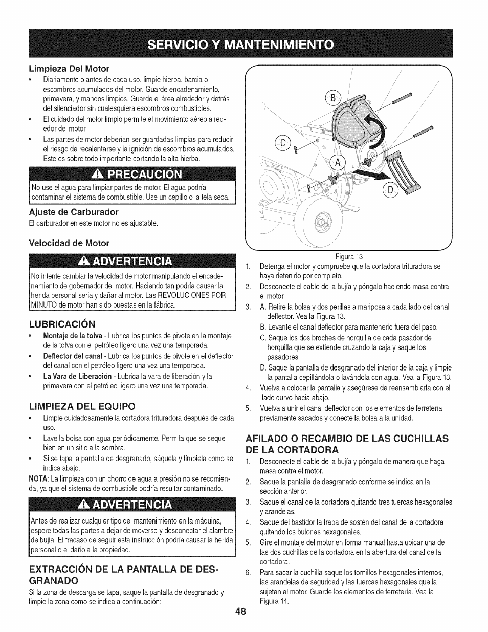 Limpieza del motor, A precaución, Ajuste de carburador | Velocidad de motor, A advertencia, Lubricacion, Limpieza del equipo, Extraccion de la pantalla de desgranado, Servicio y mantenimiento, Precaución | Craftsman 1450 Series Engine User Manual | Page 48 / 56