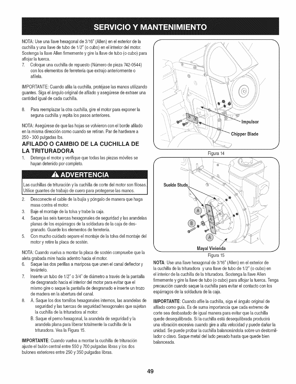 Afilado o cambio de la cuchilla de la trituradora, A advertencia, Servicio y mantenimiento | Craftsman 1450 Series Engine User Manual | Page 49 / 56