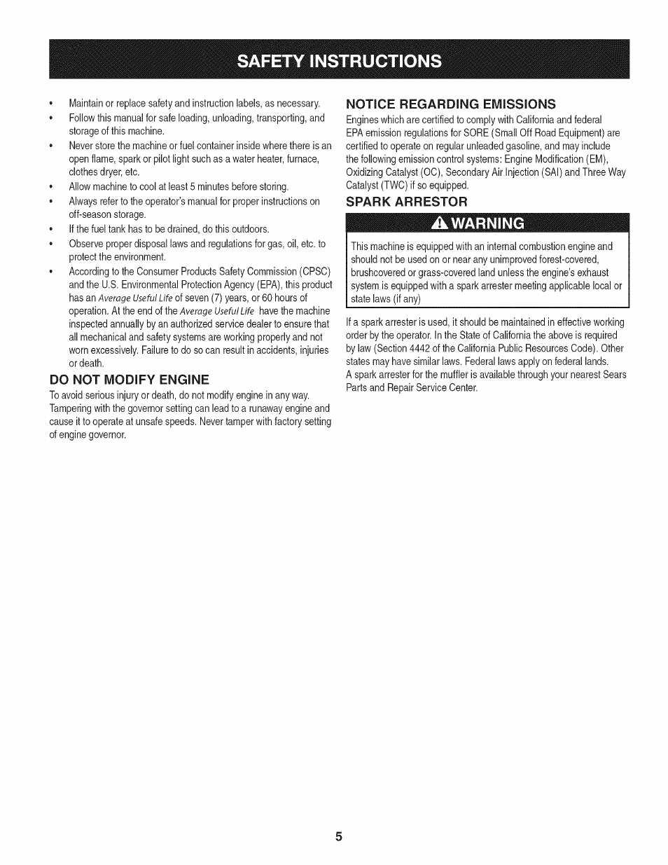 Do not modify engine, Notice regarding emissions, Spark arrestor | Safety instructions, Warning | Craftsman 1450 Series Engine User Manual | Page 5 / 56