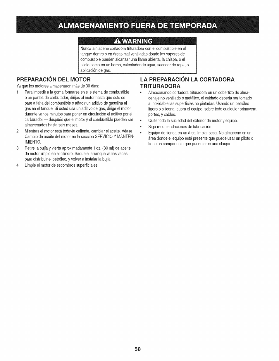 Almacenamiento fuera de temporad, Preparacion del motor, La preparacion la cortadora trituradora | Craftsman 1450 Series Engine User Manual | Page 50 / 56