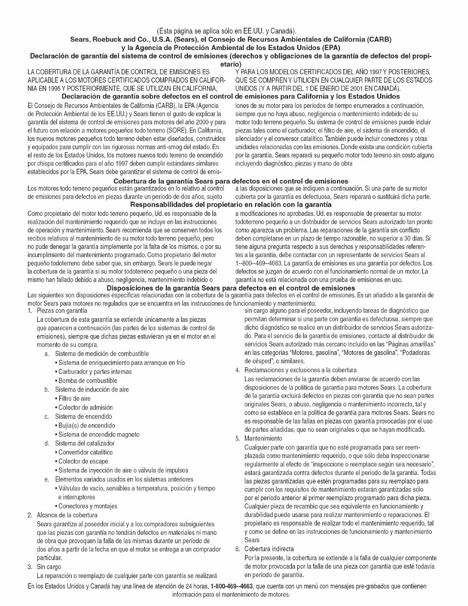 Disposiciones de la garantía sears para, En el control de emisiones | Craftsman 1450 Series Engine User Manual | Page 53 / 56