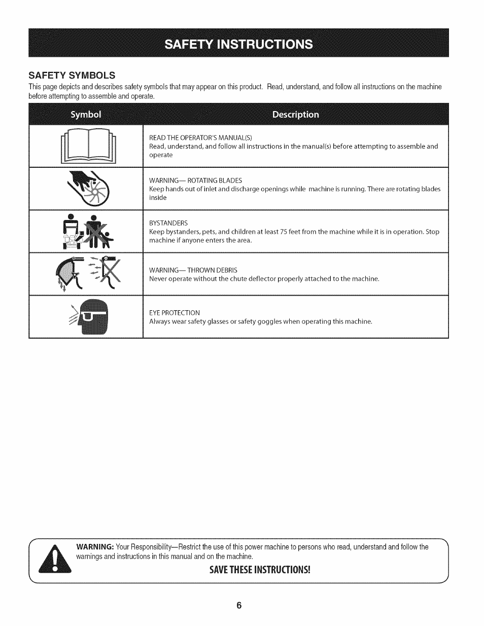 Save these instruaions, Safety instruction | Craftsman 1450 Series Engine User Manual | Page 6 / 56