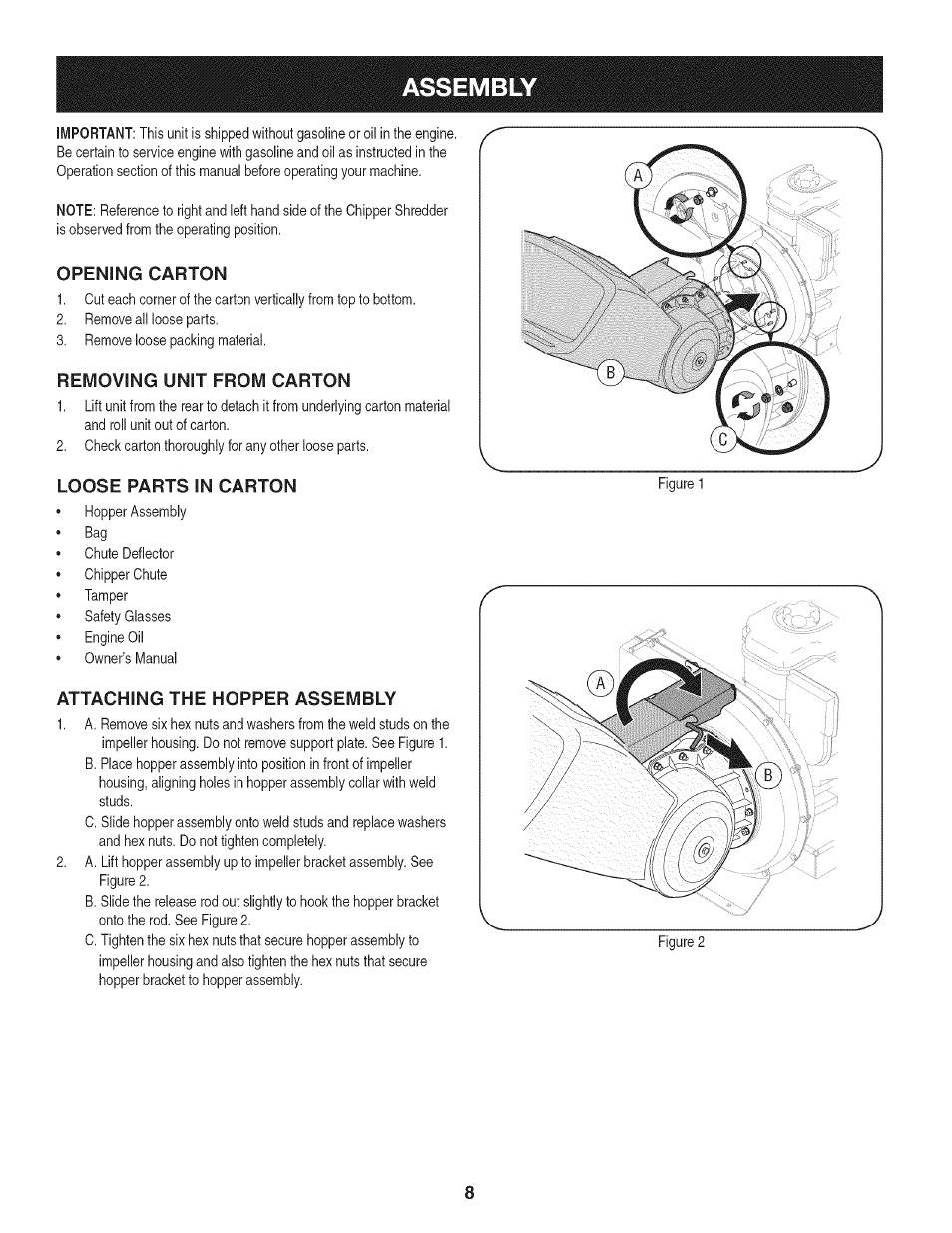 Opening carton, Removing unit from carton, Loose parts in carton | Attaching the hopper assembly, Assembly | Craftsman 1450 Series Engine User Manual | Page 8 / 56