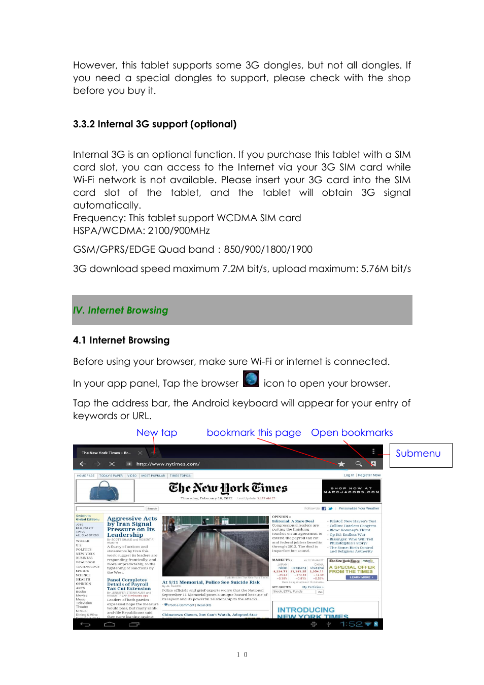 2 internal 3g support (optional), Iv. internet browsing, 1 internet browsing | PiPO Max-M7 pro 3G User Manual | Page 10 / 27