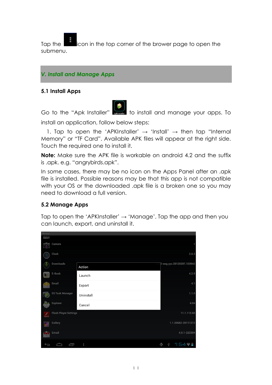 V. install and manage apps, 1 install apps, 2 manage apps | PiPO Max-M7 pro 3G User Manual | Page 11 / 27