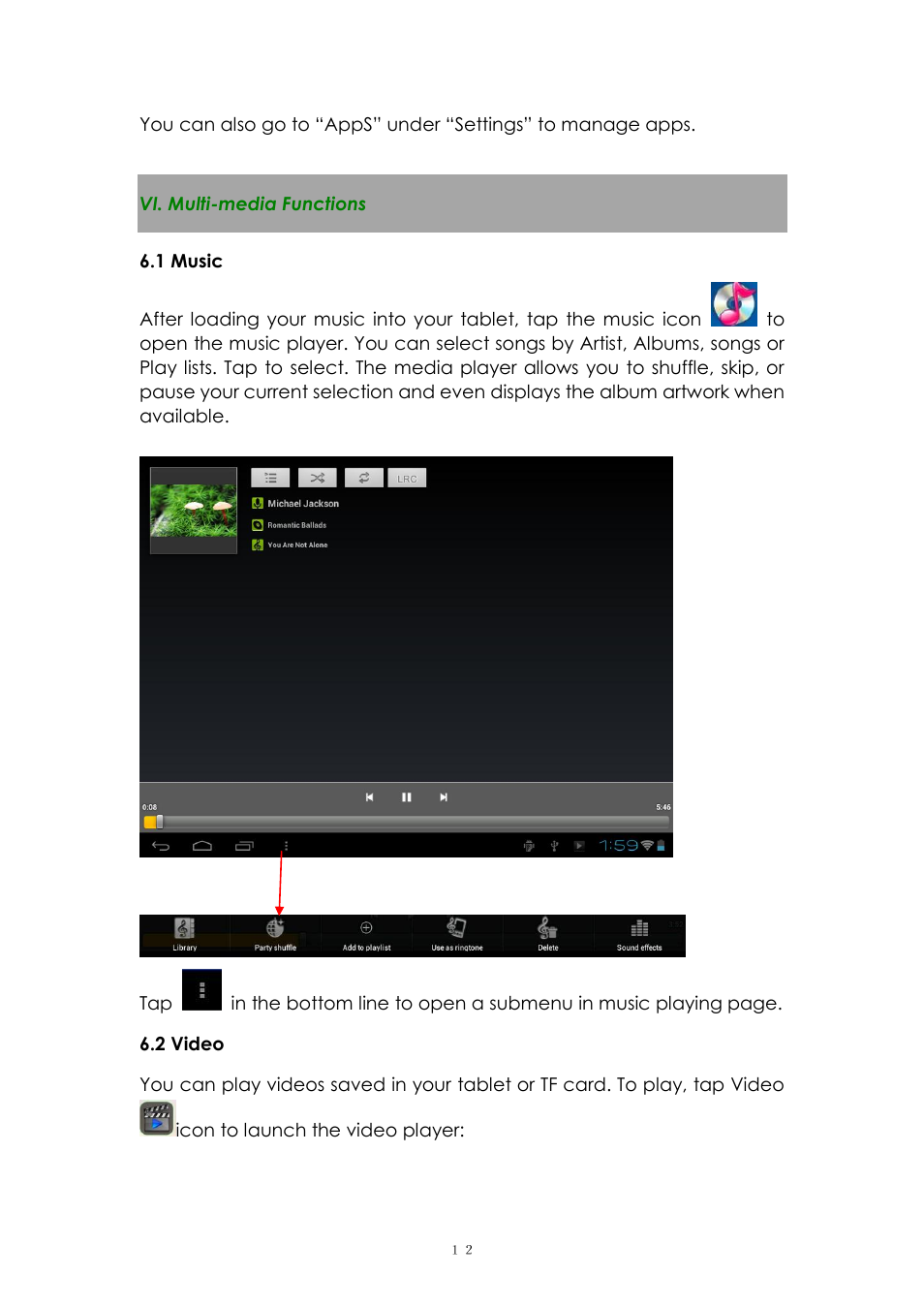Vi. multi-media functions, 1 music, 2 video | PiPO Max-M7 pro 3G User Manual | Page 12 / 27
