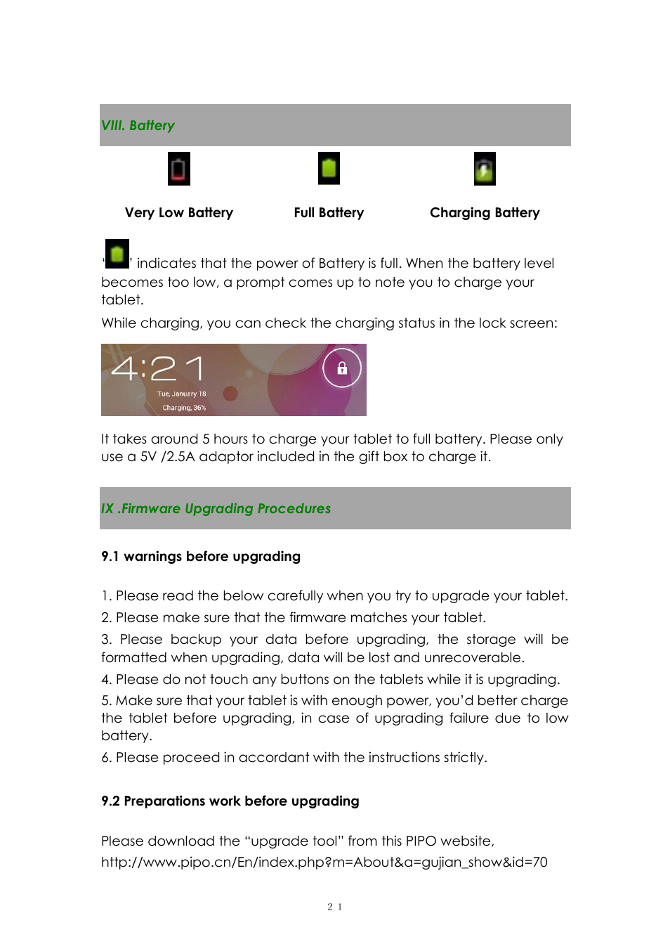 Viii. battery, Ix .firmware upgrading procedures | PiPO Max-M7 pro 3G User Manual | Page 21 / 27