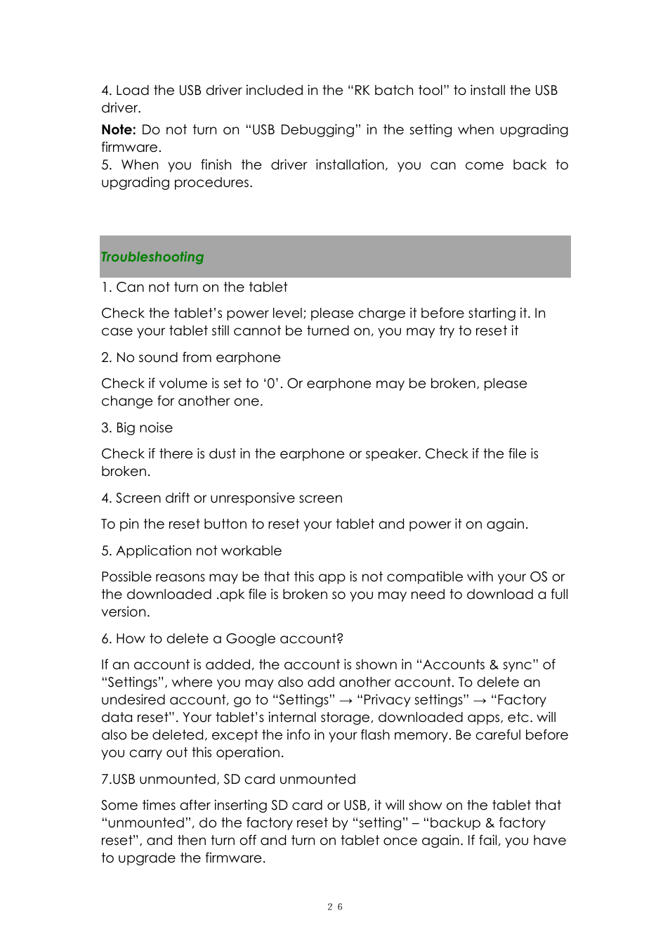 Troubleshooting | PiPO Max-M7 pro 3G User Manual | Page 26 / 27