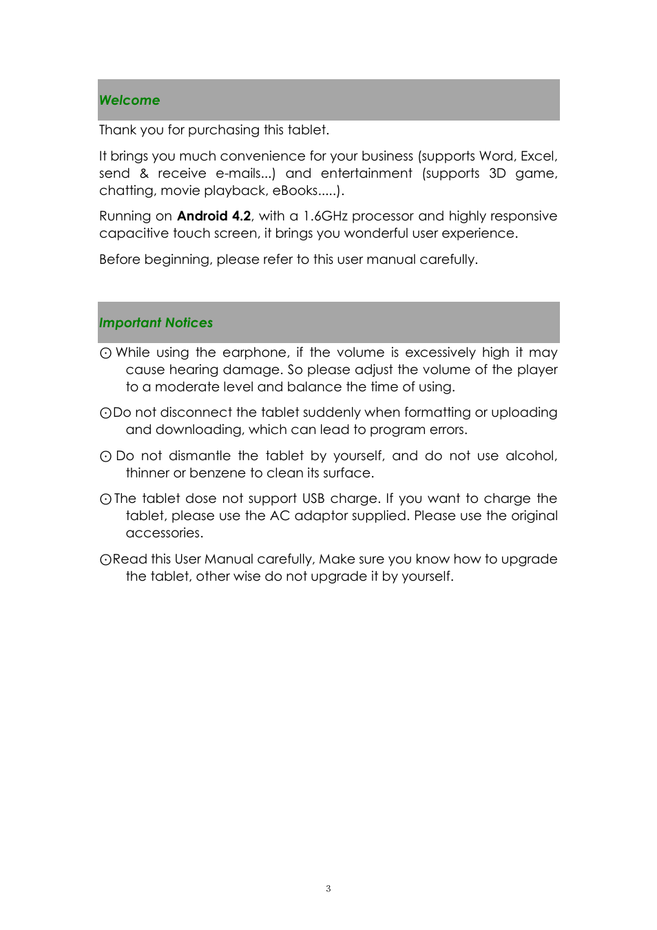 Welcome, Important notices | PiPO Max-M7 pro 3G User Manual | Page 3 / 27