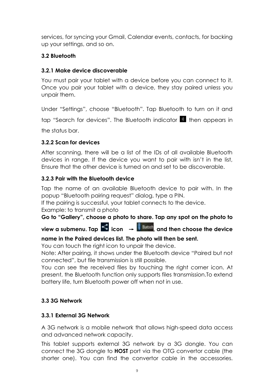 2 bluetooth, 1 make device discoverable, 2 scan for devices | 3 pair with the bluetooth device, 3 3g network, 1 external 3g network | PiPO Max-M7 pro 3G User Manual | Page 9 / 27