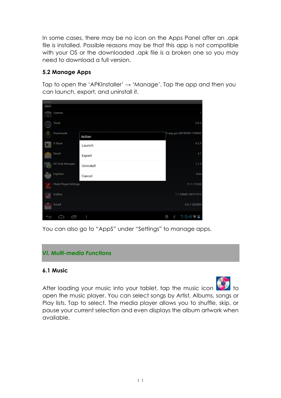 2 manage apps, Vi. multi-media functions, 1 music | PiPO Max-M7 pro User Manual | Page 11 / 26