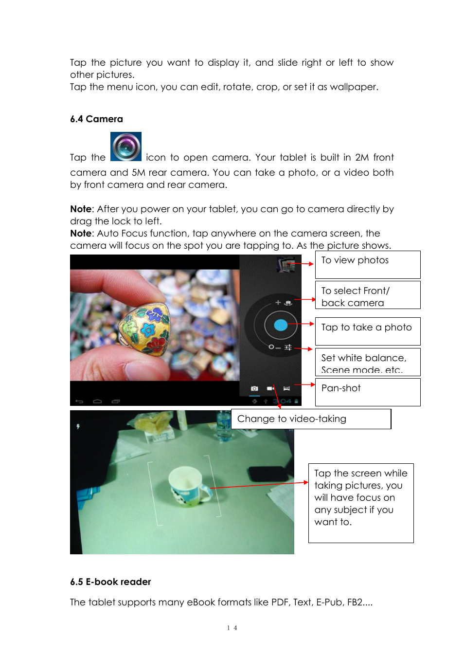 4 camera, 5 e-book reader | PiPO Max-M7 pro User Manual | Page 14 / 26