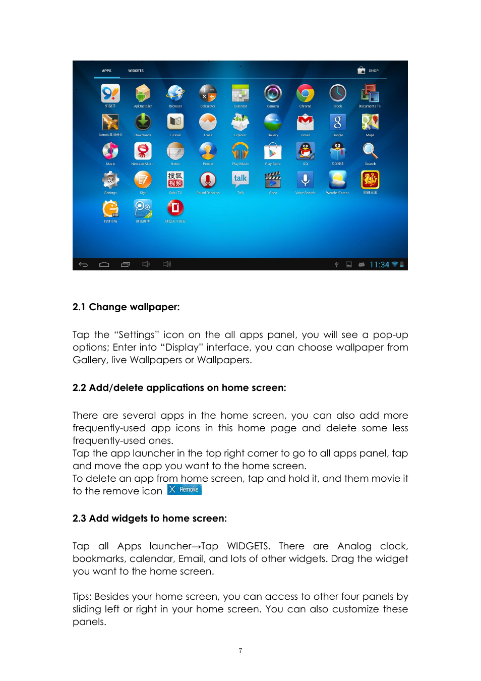 1 change wallpaper, 2 add/delete applications on home screen, 3 add widgets to home screen | PiPO Max-M7 pro User Manual | Page 7 / 26