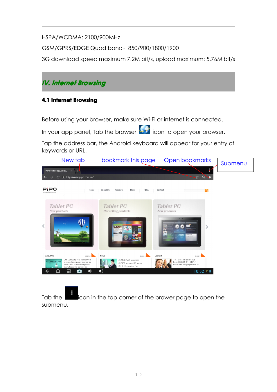Iv.internetbrowsing, 1internetbrowsing | PiPO M8 User Manual | Page 10 / 23