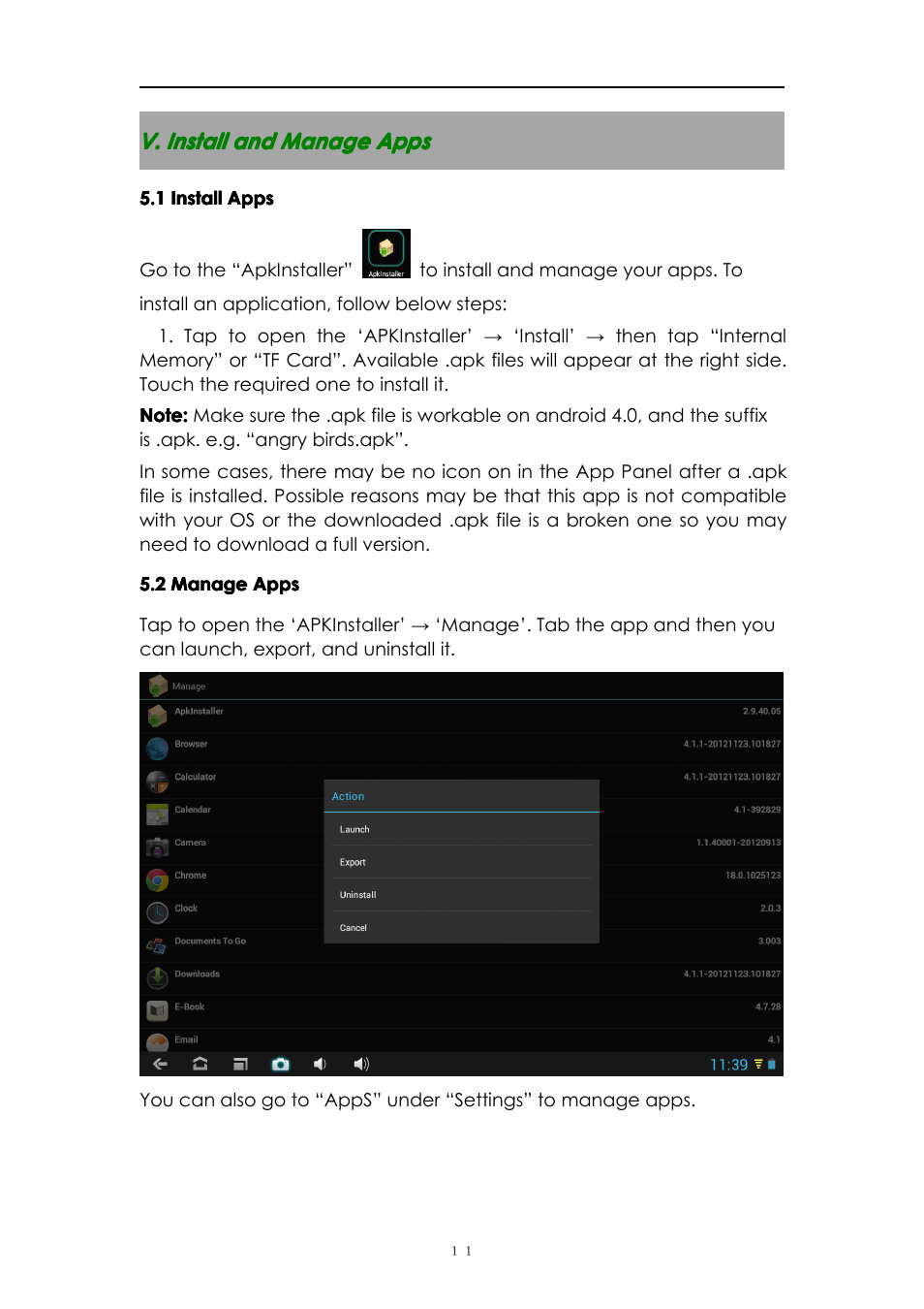 V.installandmanageapps, 1installapps, 2manageapps | PiPO M8 User Manual | Page 11 / 23