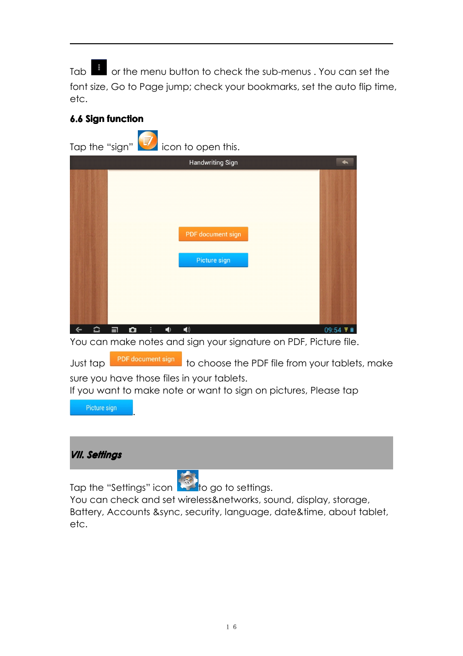 6signfunction, Vii.settings | PiPO M8 User Manual | Page 16 / 23