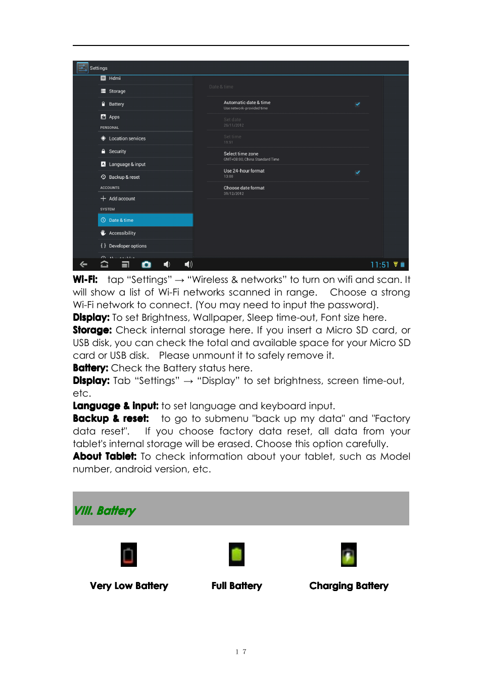 Viii.battery, Viii. battery | PiPO M8 User Manual | Page 17 / 23