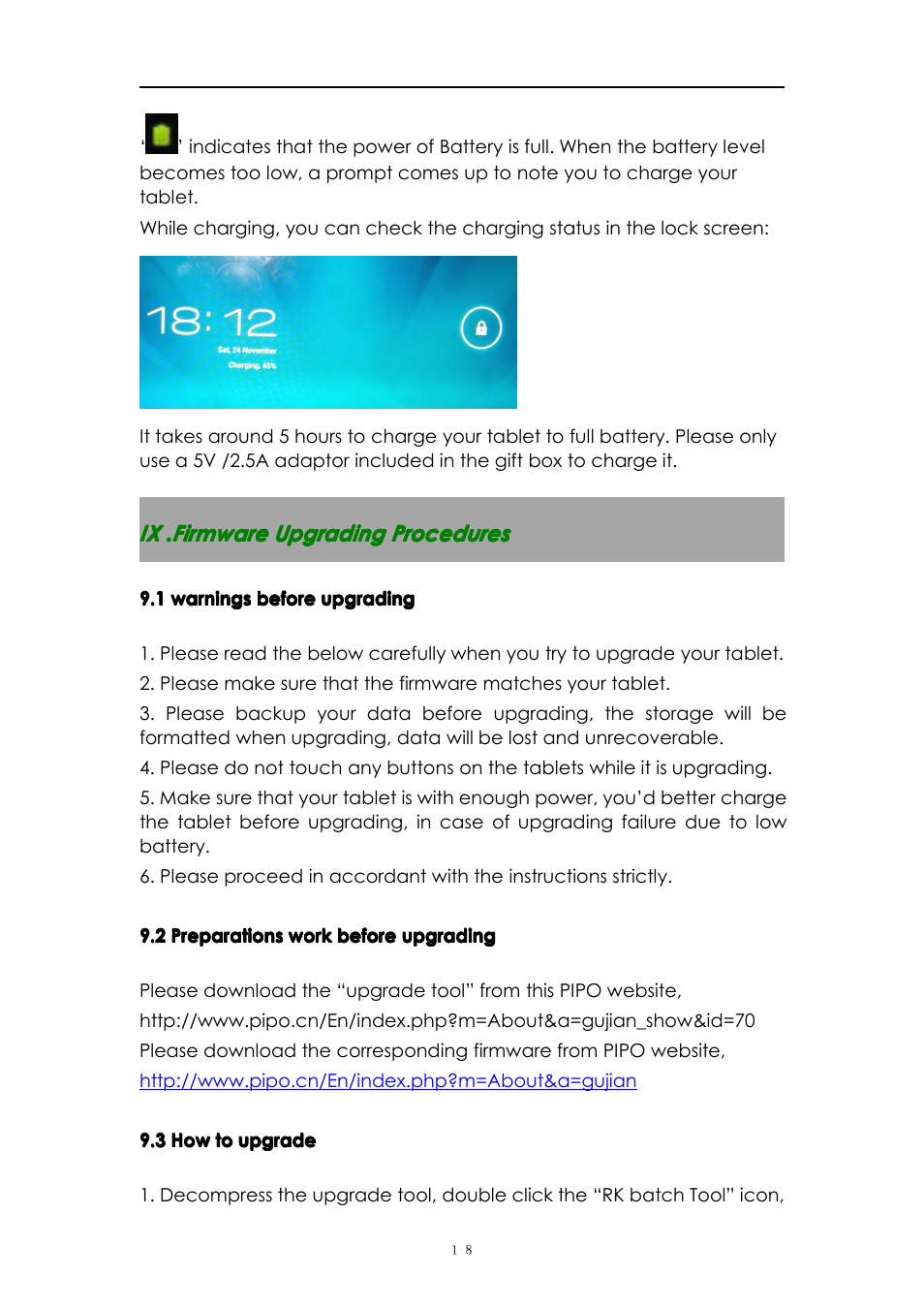 Ix.firmwareupgradingprocedures, Ix .firmware upgrading procedures | PiPO M8 User Manual | Page 18 / 23