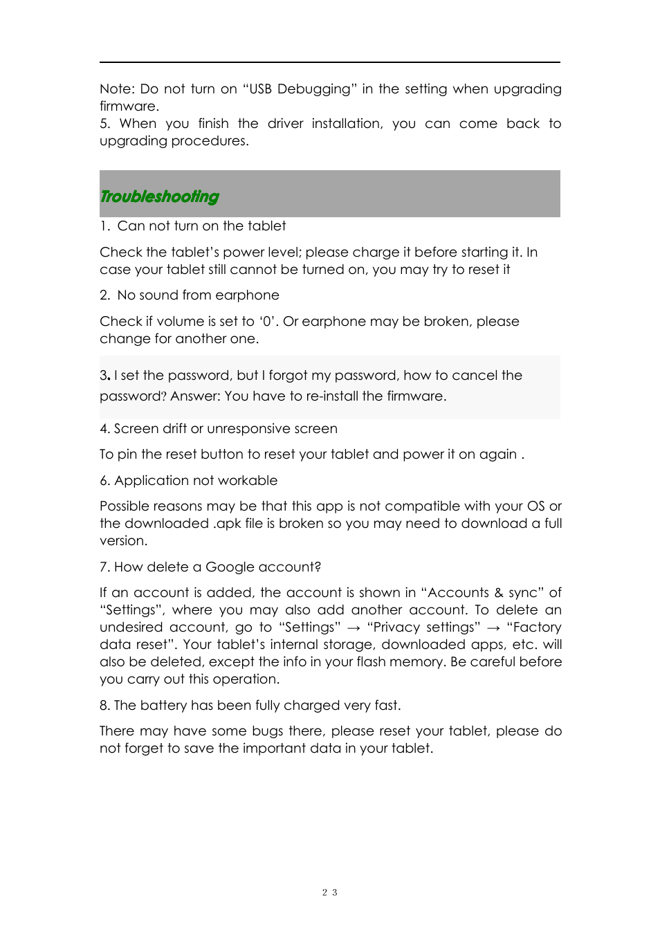 Troubleshooting | PiPO M8 User Manual | Page 23 / 23