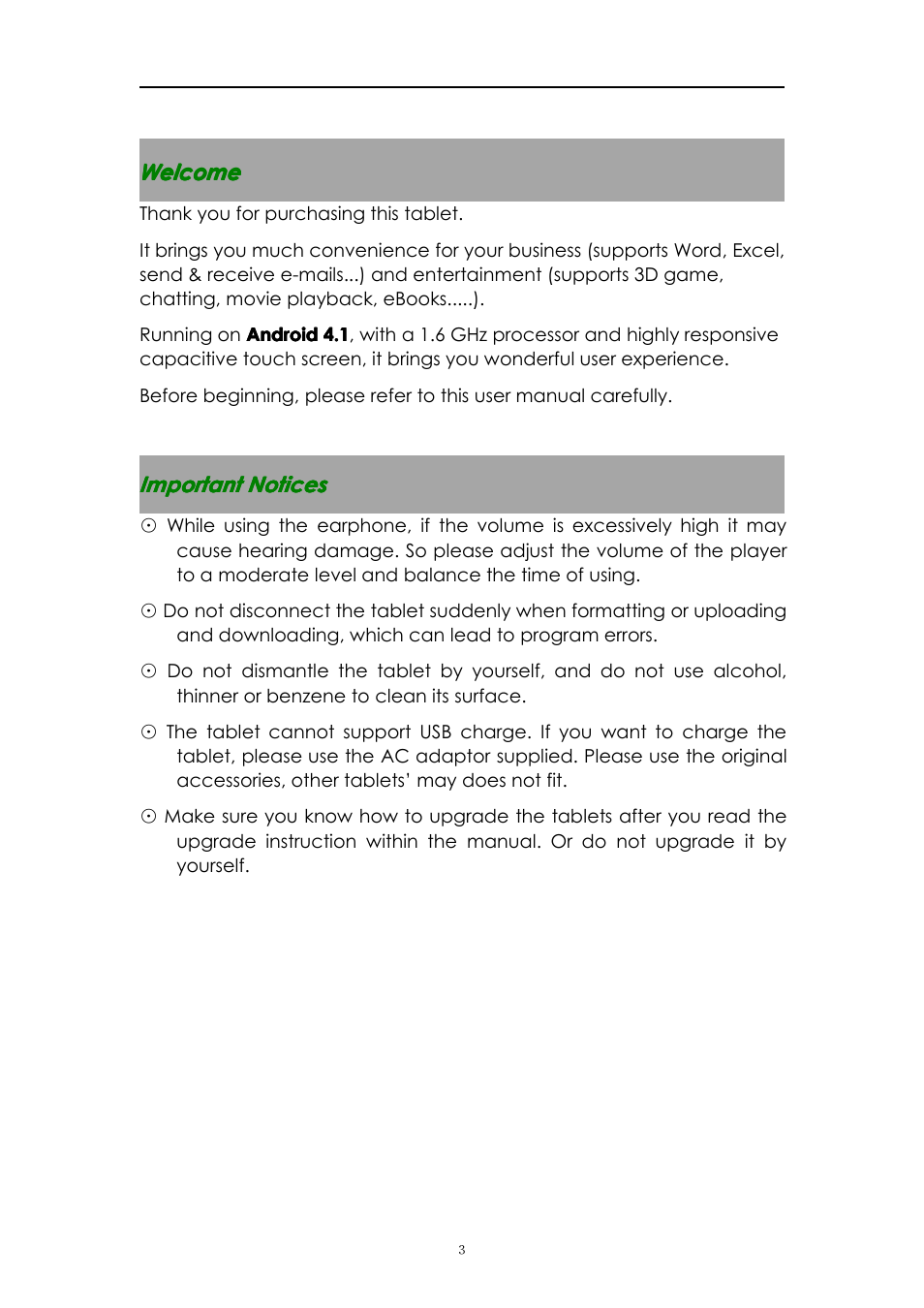Welcome, Importantnotices | PiPO M8 User Manual | Page 3 / 23