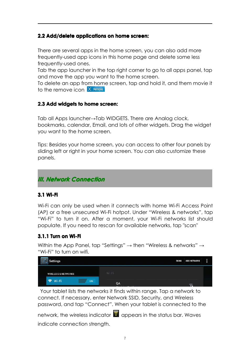 2add/deleteapplicationsonhomescreen, 3addwidgetstohomescreen, Iii.networkconnection | 1wi-fi, 1turnonwi-fi | PiPO M8 User Manual | Page 7 / 23