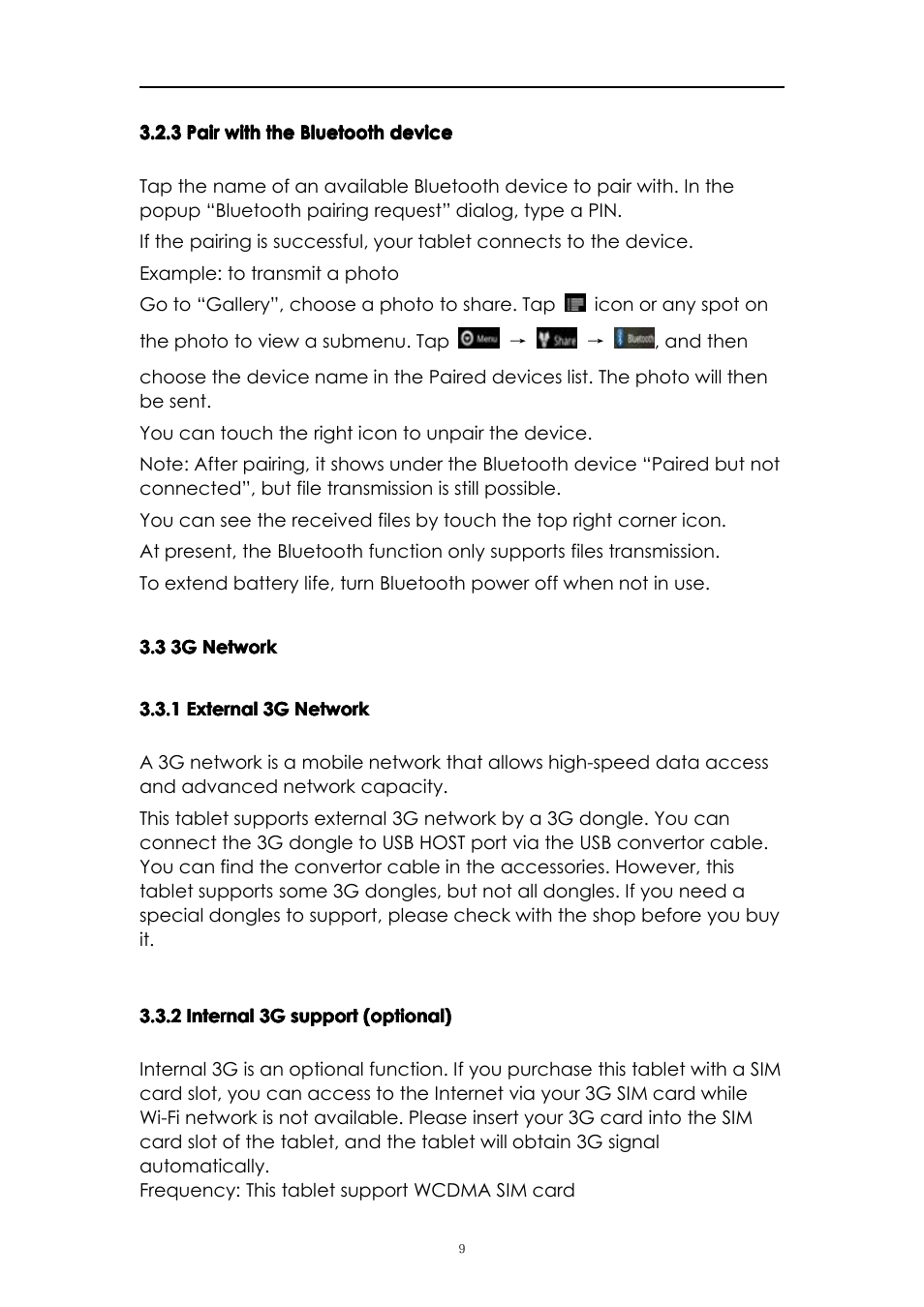 3pairwiththebluetoothdevice, 33gnetwork, 1external3gnetwork | 2internal3gsupport(optional) | PiPO M8 User Manual | Page 9 / 23