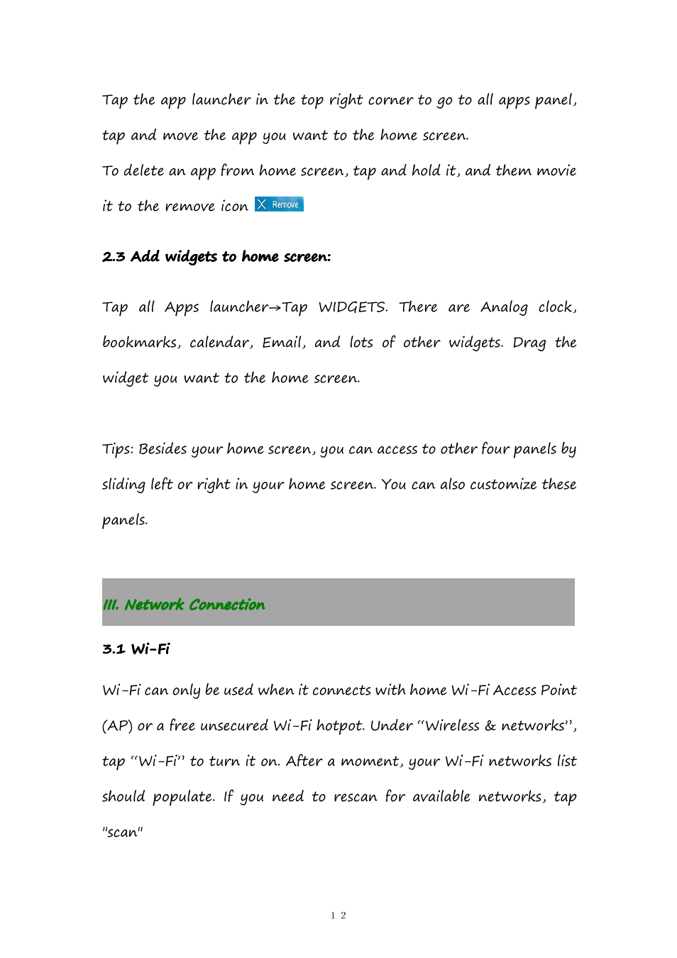 3addwidgetstohomescreen, Iii.networkconnection, 1wi-fi | 3 add widgets to home screen, Iii. network connection, 1 wi-fi | PiPO M9 User Manual | Page 12 / 35