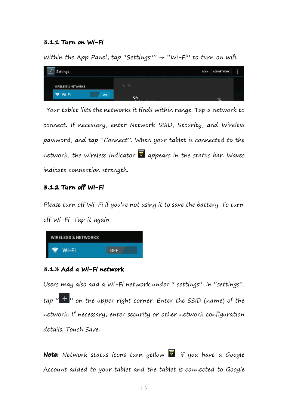 1turnonwi-fi, 2turnoffwi-fi, 3addawi-finetwork | 1 turn on wi-fi, 2 turn off wi-fi, 3 add a wi-fi network | PiPO M9 User Manual | Page 13 / 35
