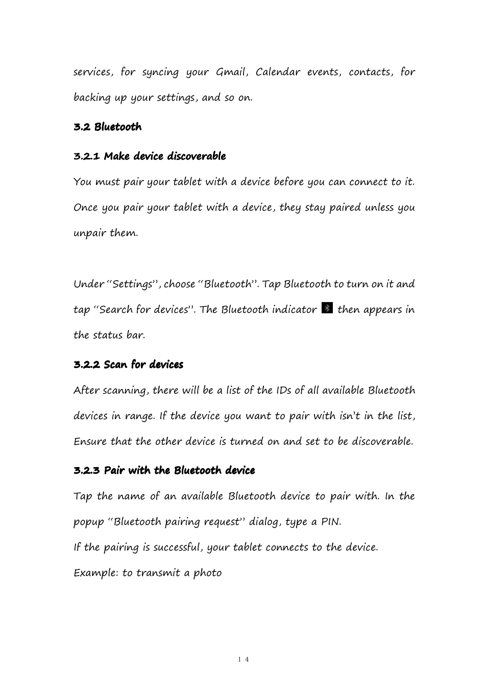2bluetooth, 1makedevicediscoverable, 2scanfordevices | 3pairwiththebluetoothdevice, 2 bluetooth, 1 make device discoverable, 2 scan for devices, 3 pair with the bluetooth device | PiPO M9 User Manual | Page 14 / 35