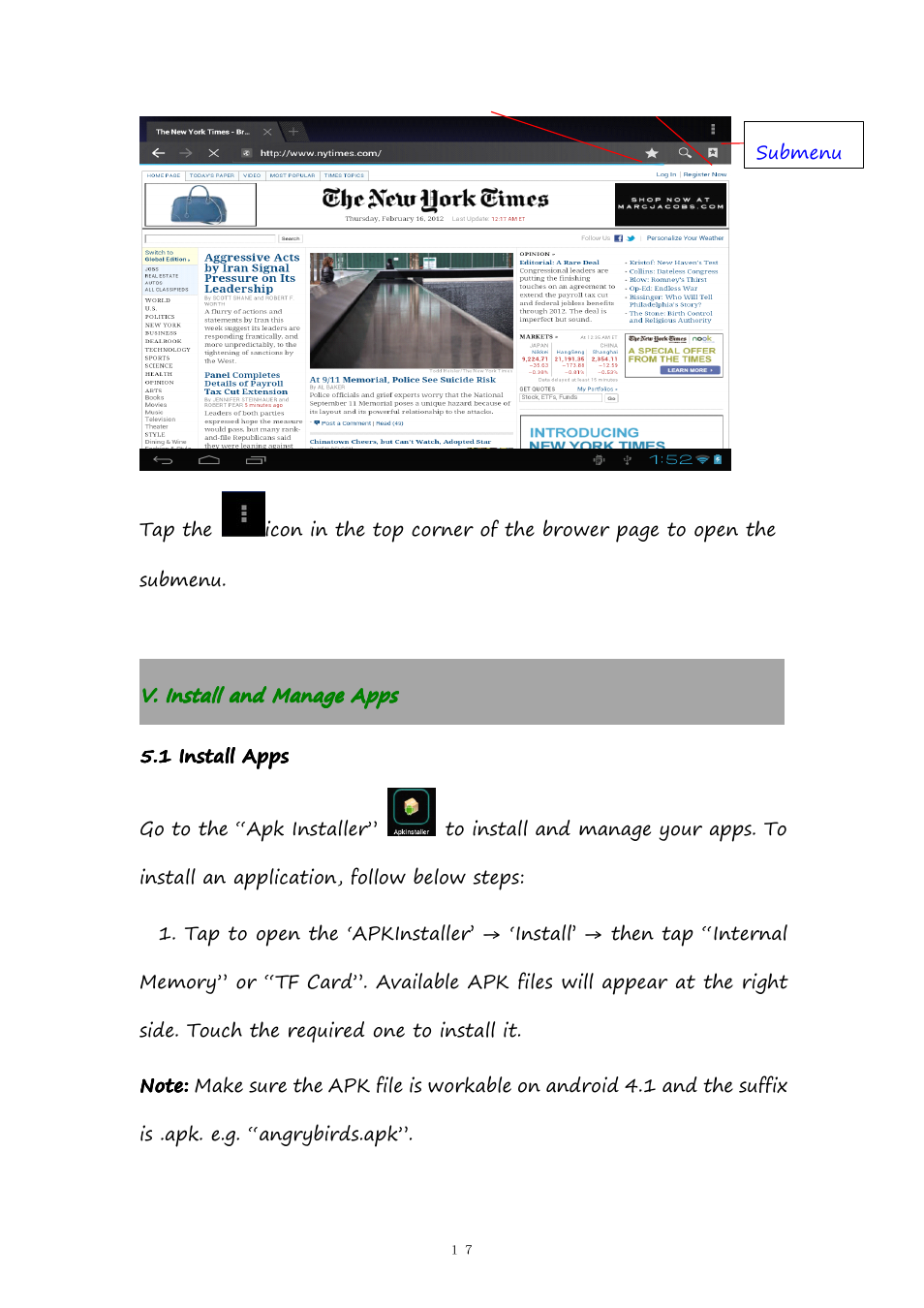 V.installandmanageapps, 1installapps, V. install and manage apps | 1 install apps | PiPO M9 User Manual | Page 17 / 35