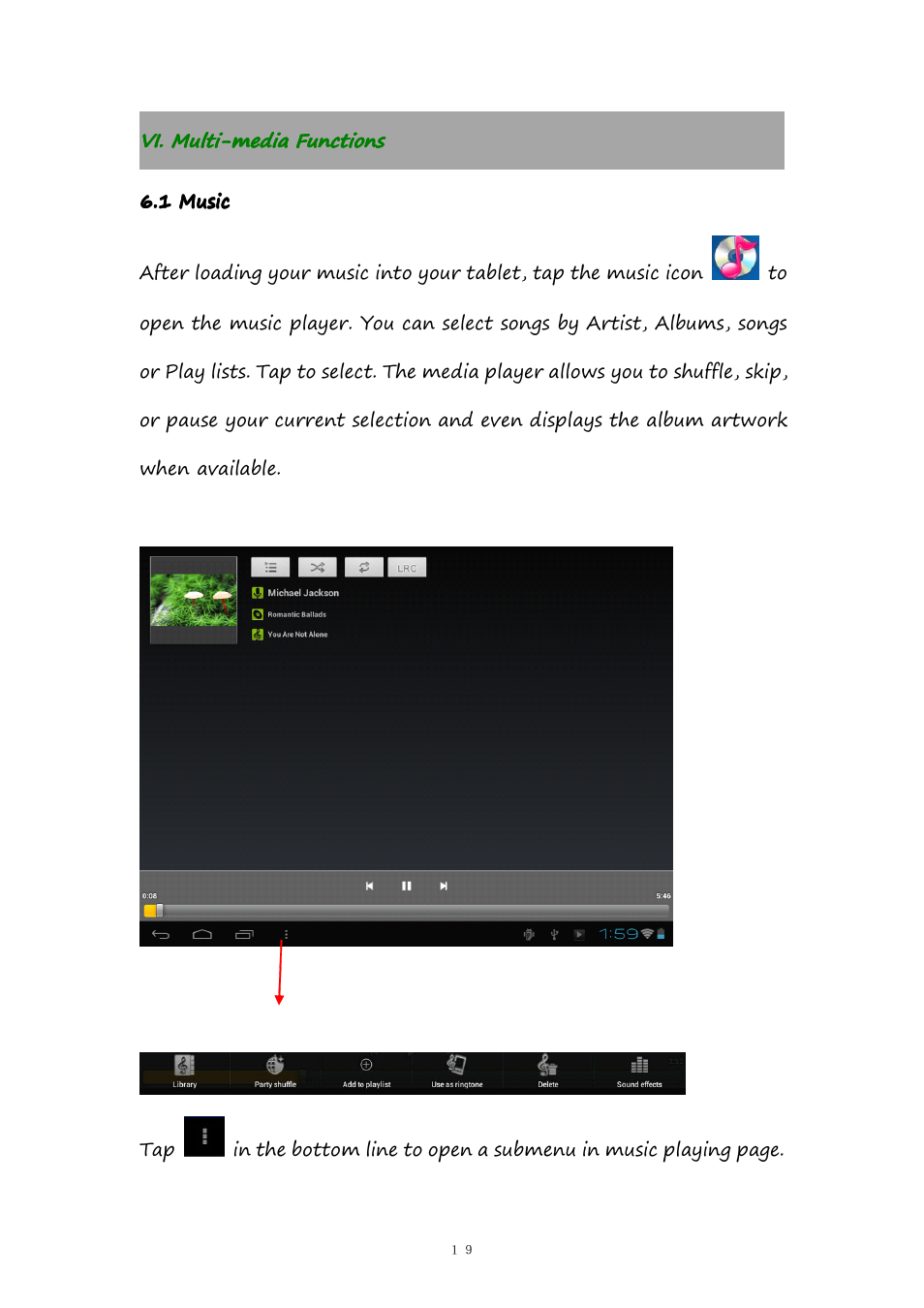 Vi.multi-mediafunctions, 1music, Vi. multi-media functions | 1 music | PiPO M9 User Manual | Page 19 / 35