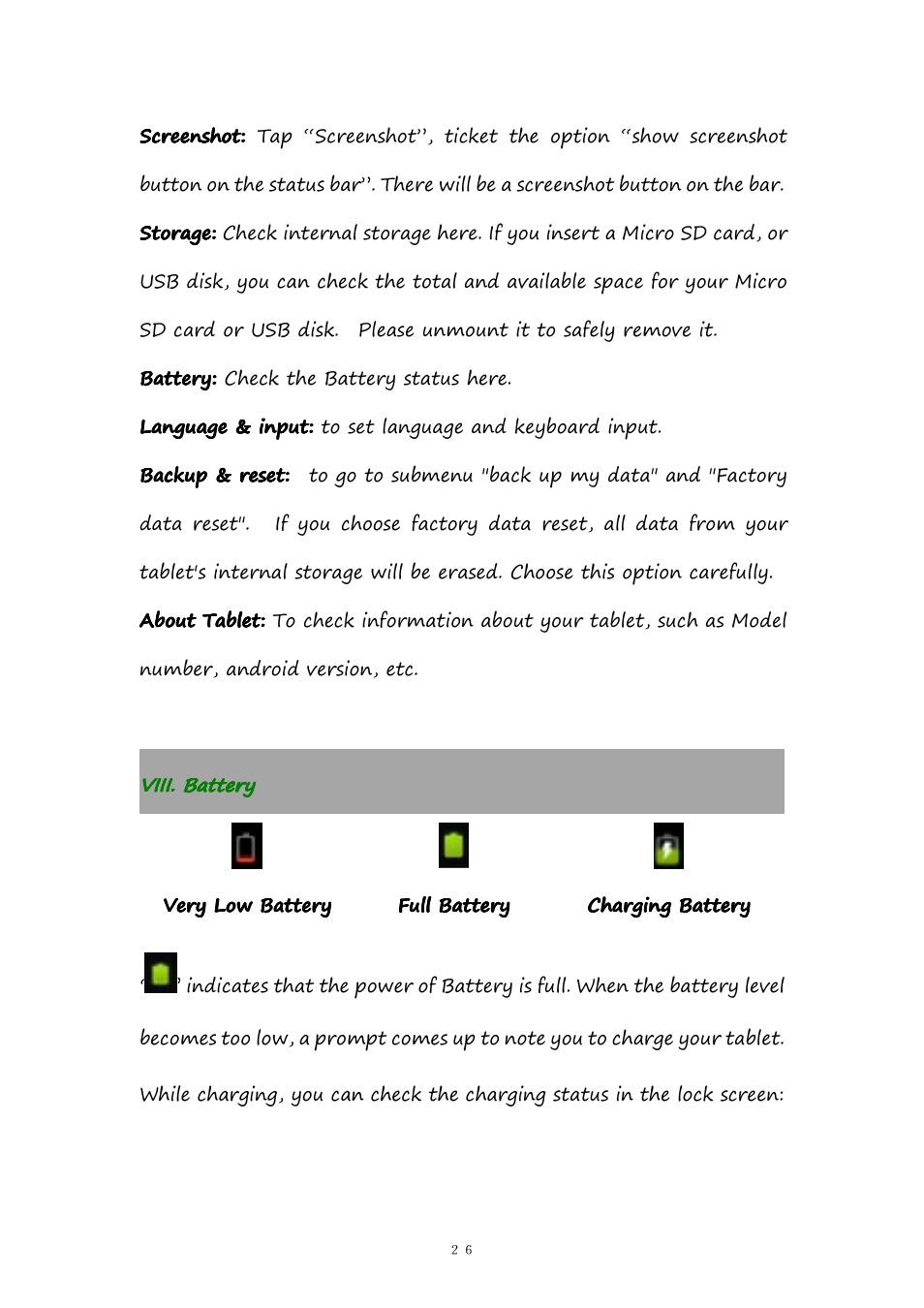Viii.battery, Viii. battery | PiPO M9 User Manual | Page 26 / 35