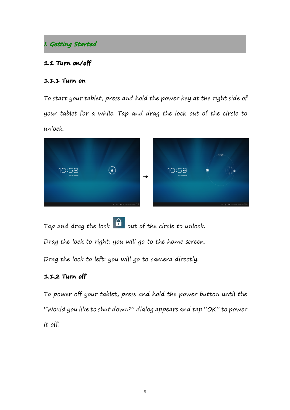 I.gettingstarted, 1turnon/off, 1turnon | 2turnoff, I. getting started, 1 turn on/off, 1 turn on, 2 turn off | PiPO M9 User Manual | Page 8 / 35