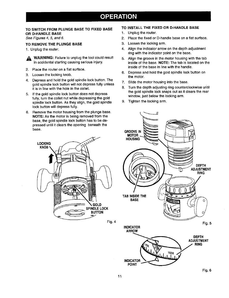 To switch from plunge base to fixed base, Or d-handle base, To remove the plunge base | To install the fixed or d-handle base, Operation | Craftsman 315.175341 User Manual | Page 11 / 24