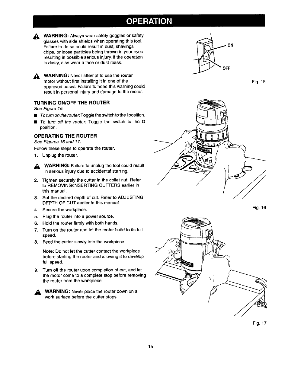 Turning on/off the router, Operating the router, Operation | Craftsman 315.175341 User Manual | Page 15 / 24