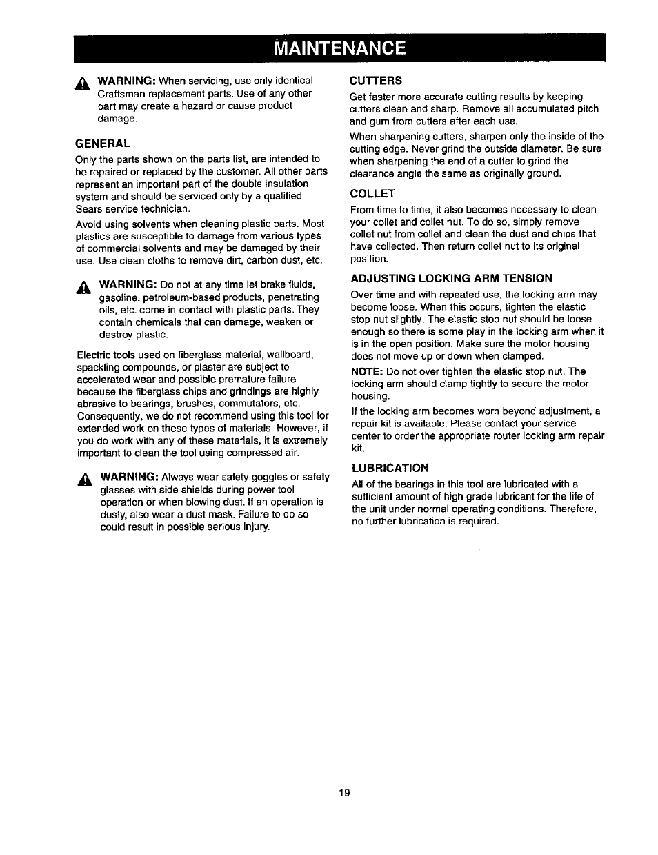 Maintenance, General, Cutters | Collet, Adjusting locking arm tension, Lubrication | Craftsman 315.175341 User Manual | Page 19 / 24