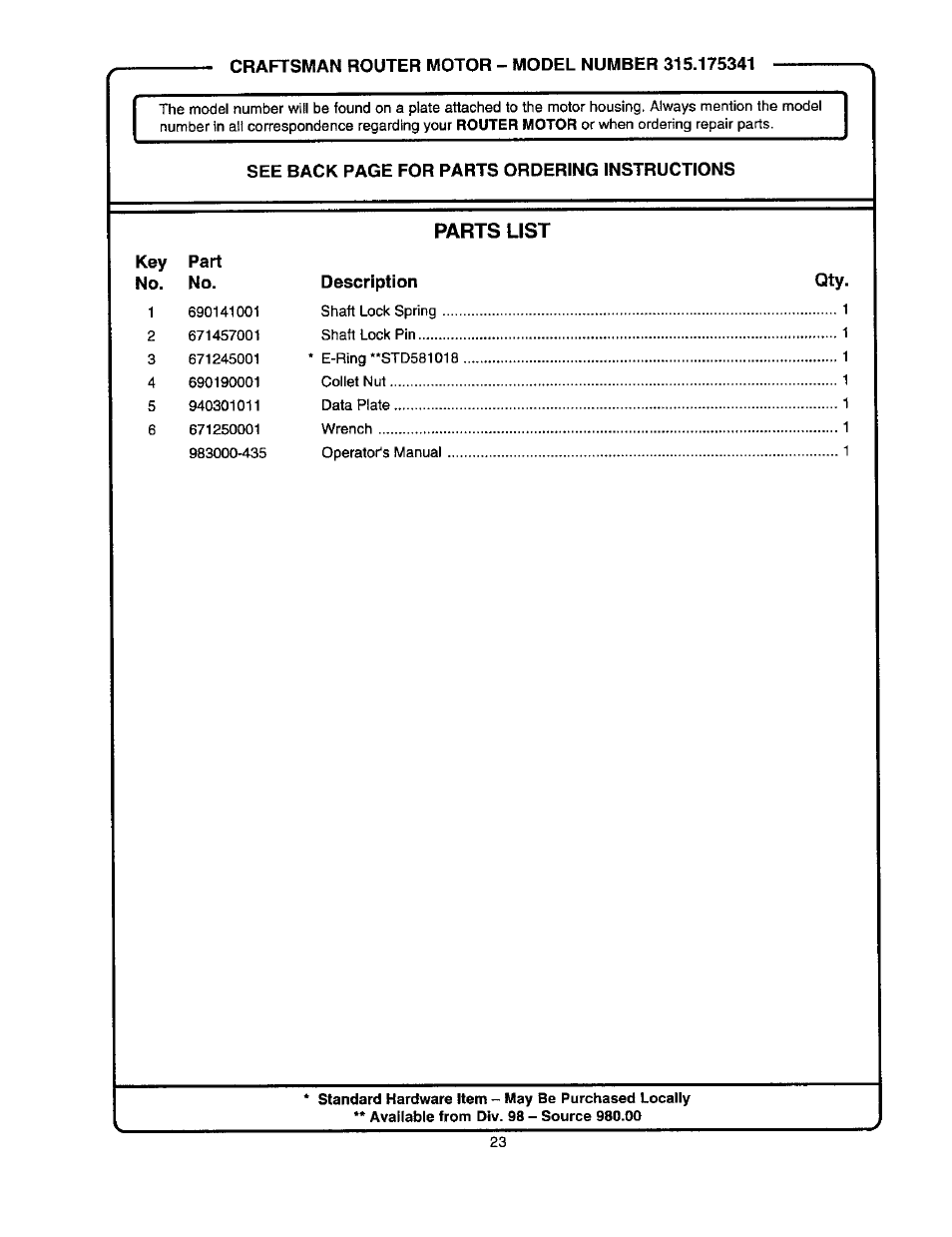 Parts list | Craftsman 315.175341 User Manual | Page 23 / 24