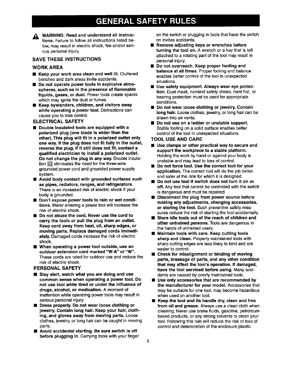 General safety rules, Save these instructions, Work area | Electrical safety, Personal safety, Tool use and care | Craftsman 315.175341 User Manual | Page 3 / 24