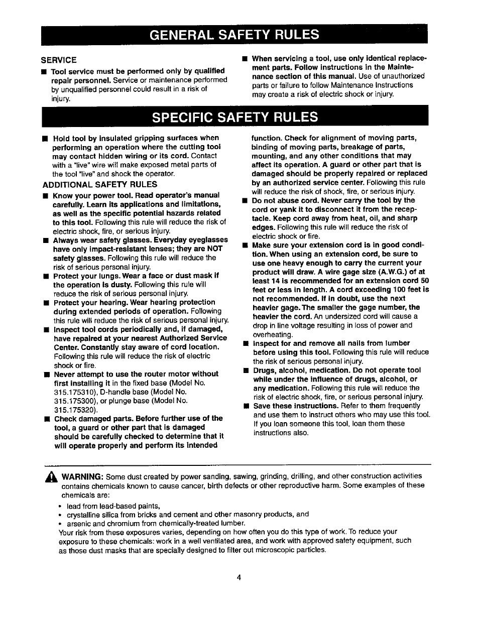 General safety rules, Service, Specific safety rules | Additional safety rules | Craftsman 315.175341 User Manual | Page 4 / 24
