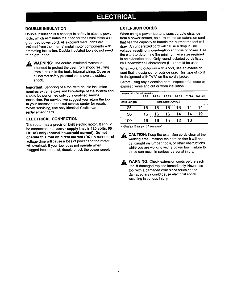 Electrical, Double insulation, Electrical connection | Extension cords | Craftsman 315.175341 User Manual | Page 7 / 24