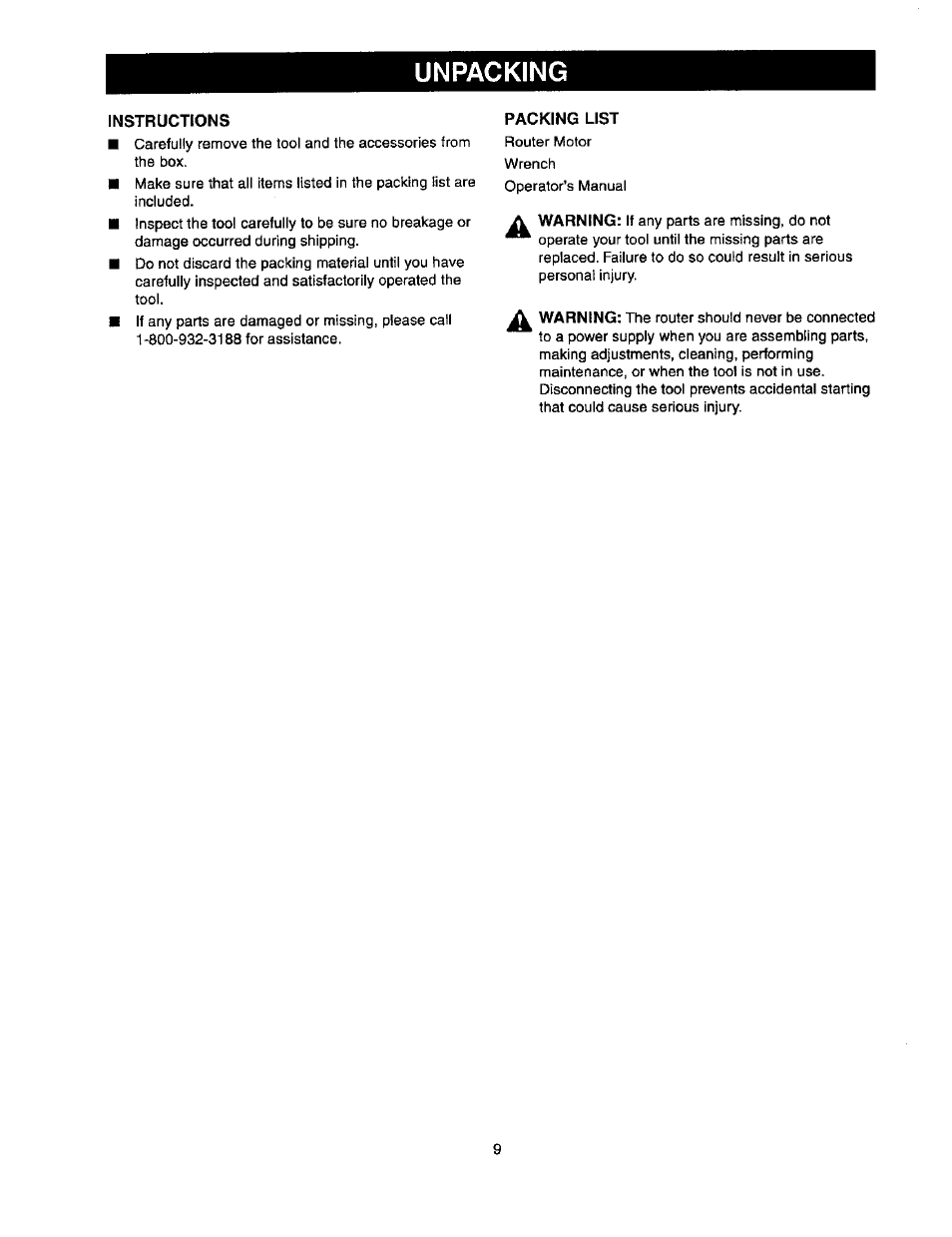 Unpacking, Instructions, Packing list | Craftsman 315.175341 User Manual | Page 9 / 24