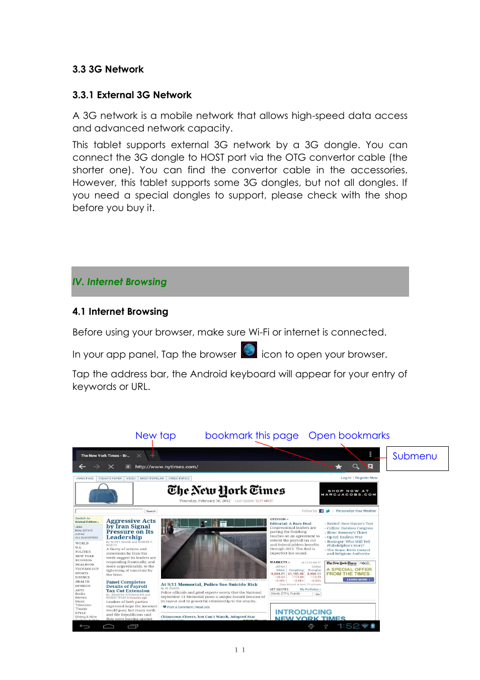 3 3g network, 1 external 3g network, Iv. internet browsing | 1 internet browsing | PiPO Ultra-U8 User Manual | Page 11 / 32