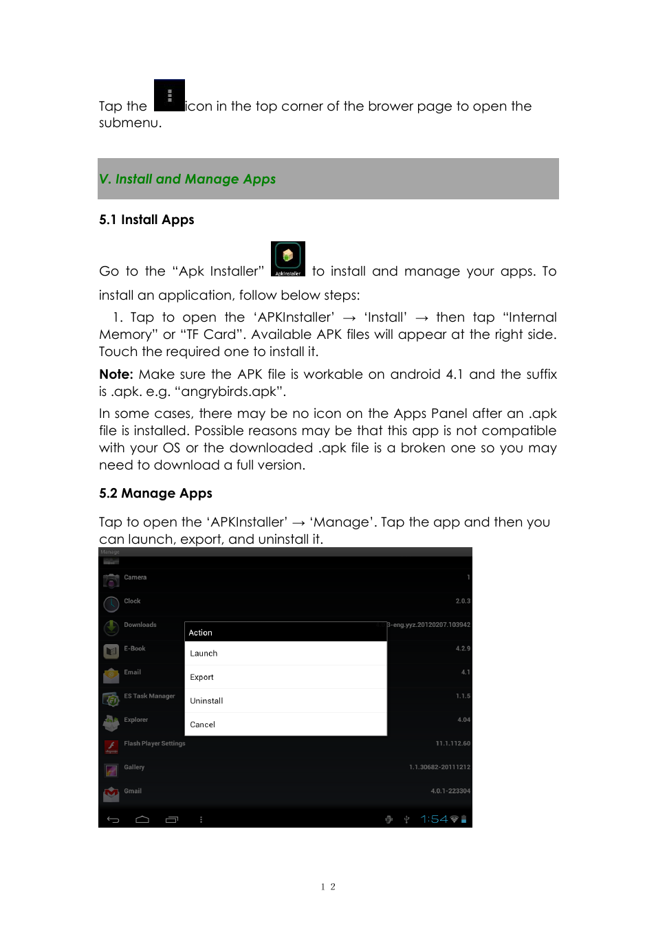 V. install and manage apps, 1 install apps, 2 manage apps | PiPO Ultra-U8 User Manual | Page 12 / 32